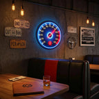Speedometer neon wall sign in a car-themed cafe with license plates and a steering wheel