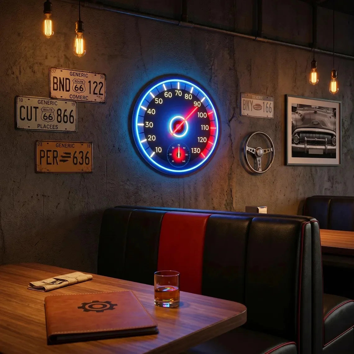 Speedometer neon wall sign in a car-themed cafe with license plates and a steering wheel