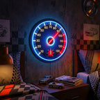 Racing Speedometer Neon Sign above a bed with automotive-themed bedding