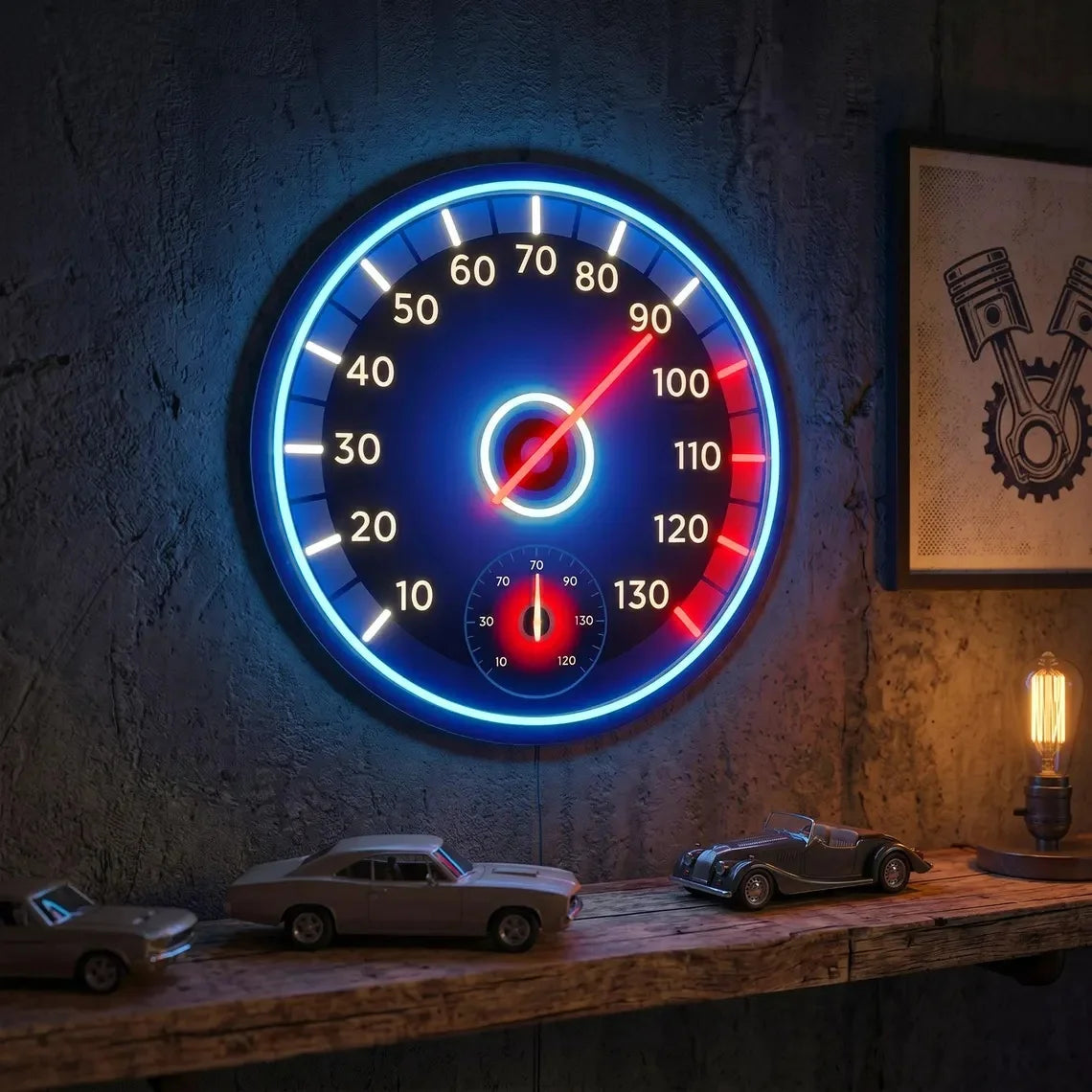 Close-up of the Racing Speedometer Neon Sign above a wooden shelf of model cars