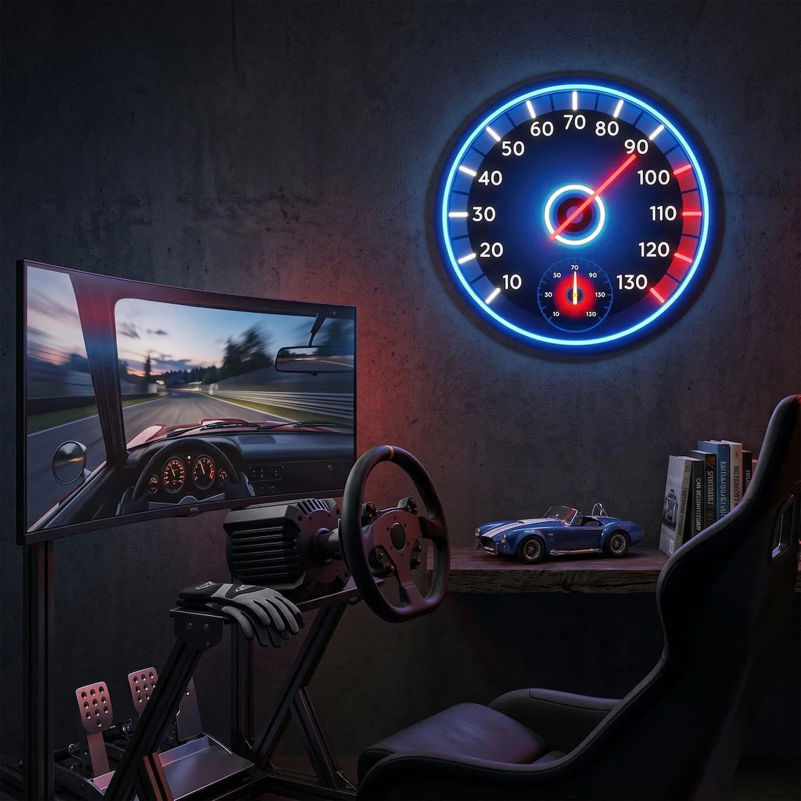 Blue, white and red speedometer LED sign above a racing simulator desk and wheel