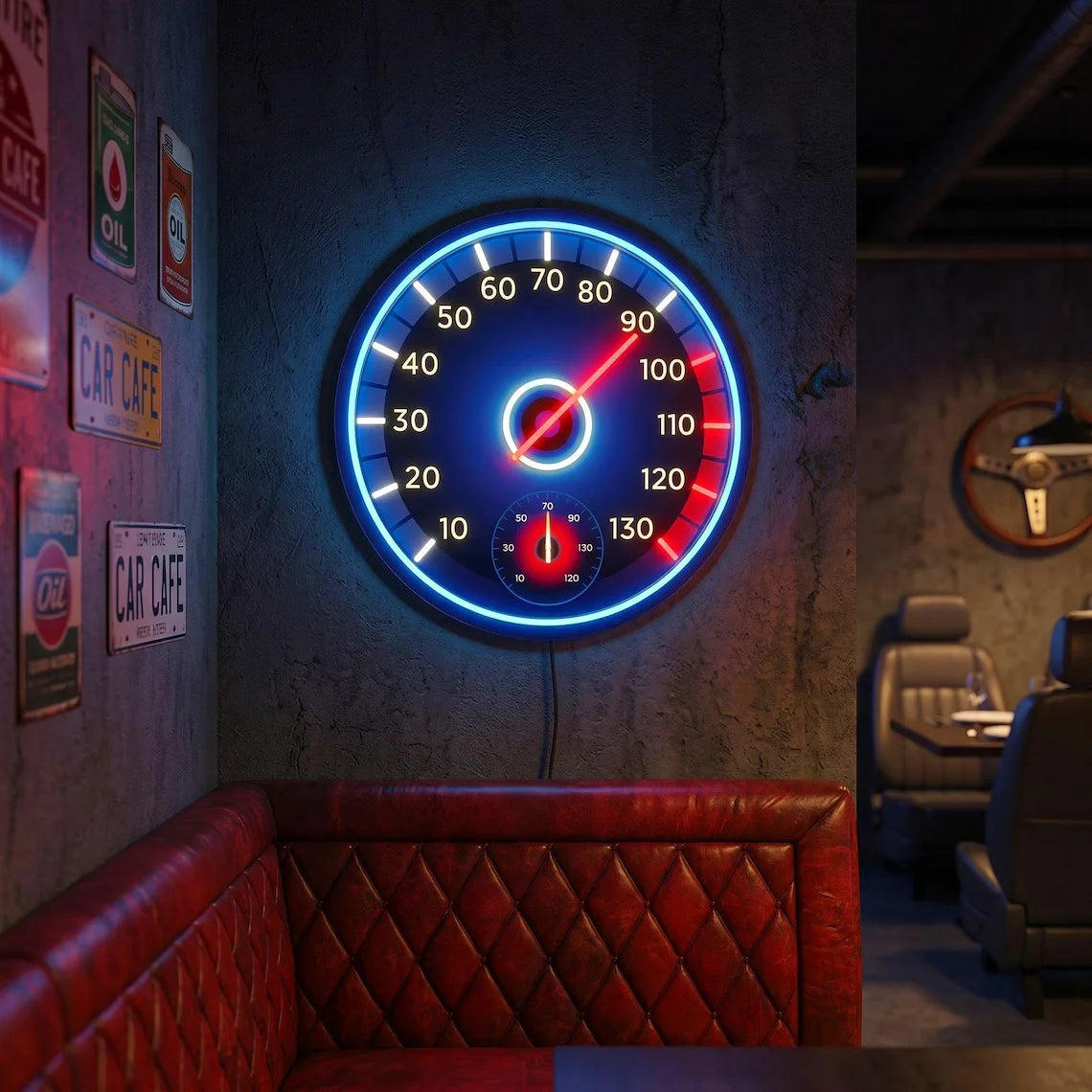 Racing Speedometer Neon Sign on a cafe wall above a red tufted booth