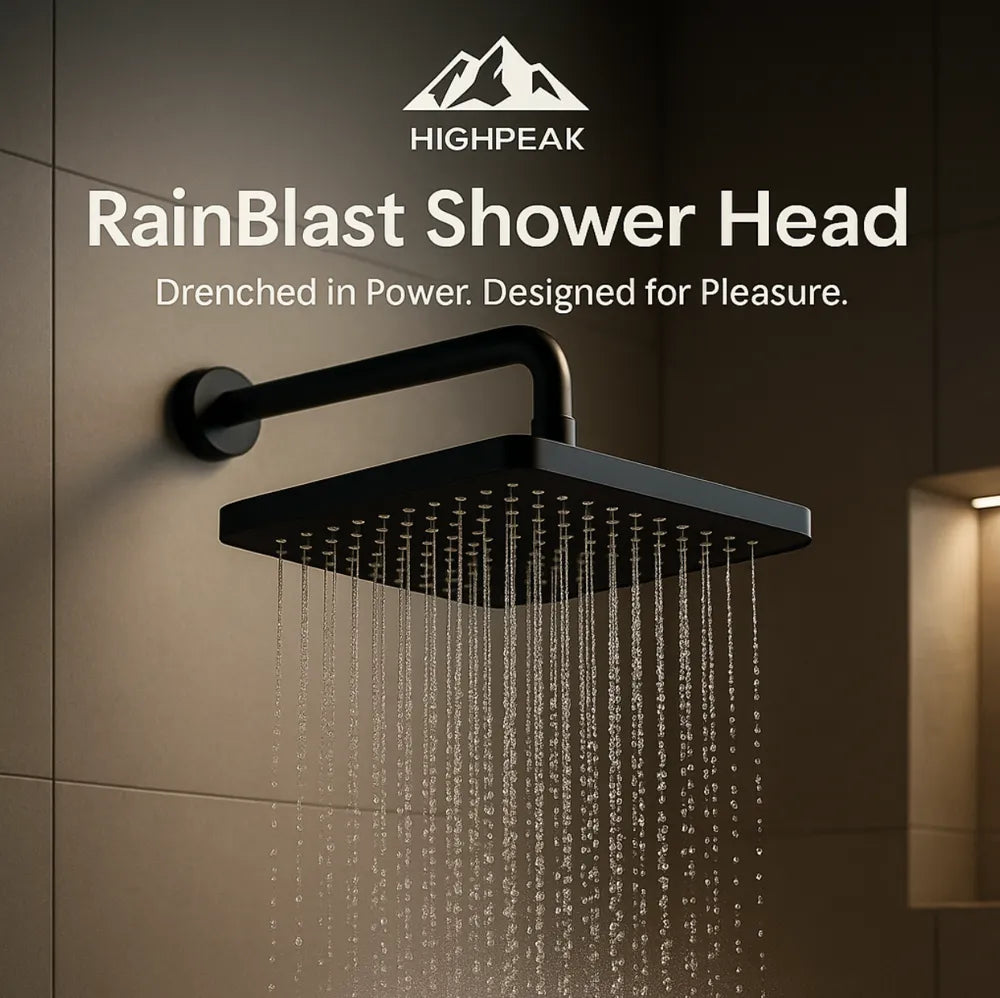 HighPeak RainBlast Shower Head in sleek black with wide 300mm full-body coverage and high-pressure water flow in modern shower.