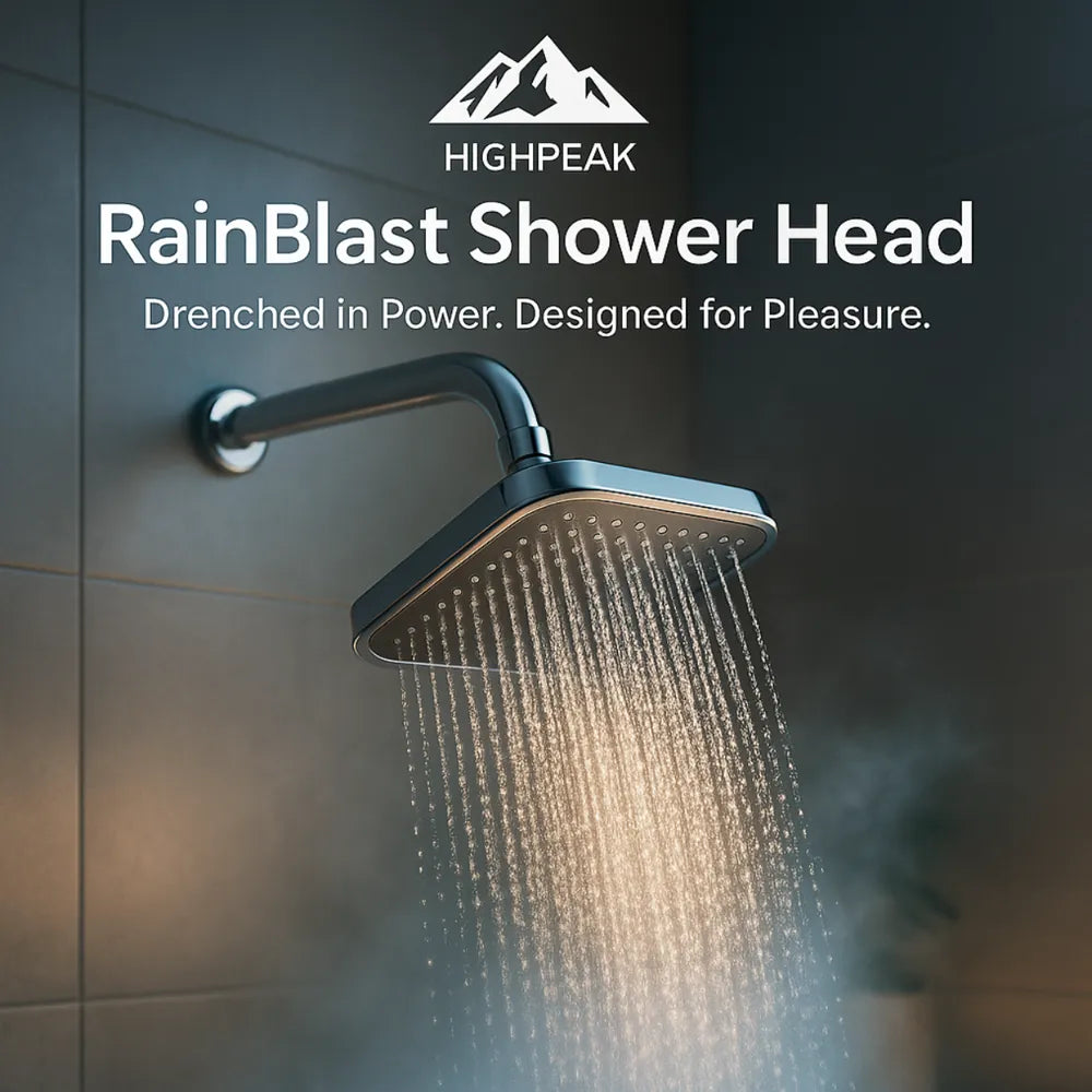 HighPeak RainBlast Shower Head in sleek black with wide high-pressure spray for full-body spa shower experience