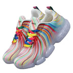Rainbow Stripe Sneakers pair on a white background, showing multicolor laces and mesh-lined openings.