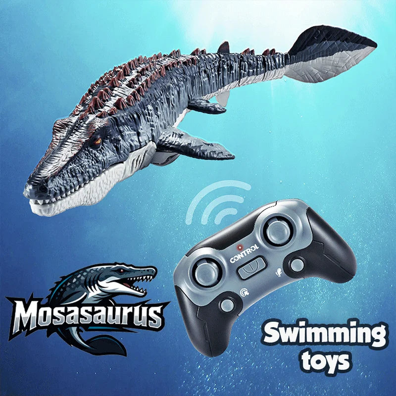 RC Mosasaurus Water Toy and black handheld controller on a blue background with swimming-toy text