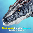 RC Mosasaurus Water Toy head close-up showing textured scales, sculpted teeth, reddish spines, and yellow eye