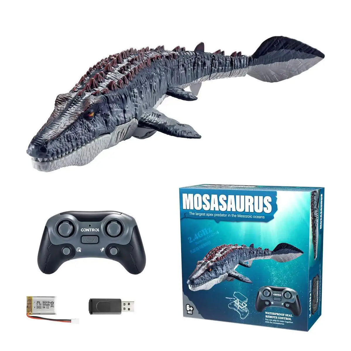 RC Mosasaurus Water Toy set with controller, lithium battery, USB charging adapter, and retail box