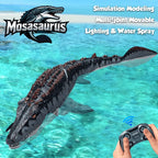RC Mosasaurus Water Toy in blue water beside hands holding a controller, with movement and spray feature text