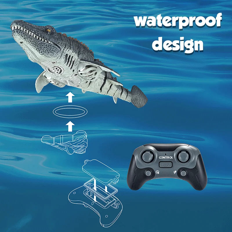 RC Mosasaurus Water Toy underside and remote controller with exploded battery-cover and seal diagrams