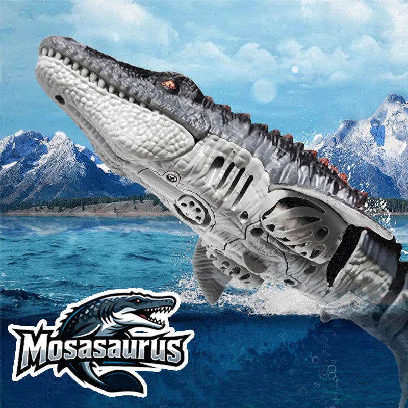 RC Mosasaurus Water Toy underside close-up composited over splashing water and a mountain landscape