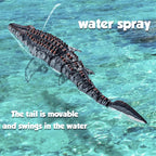 RC Mosasaurus Water Toy viewed from above in water with a spray jet and text describing its swinging tail