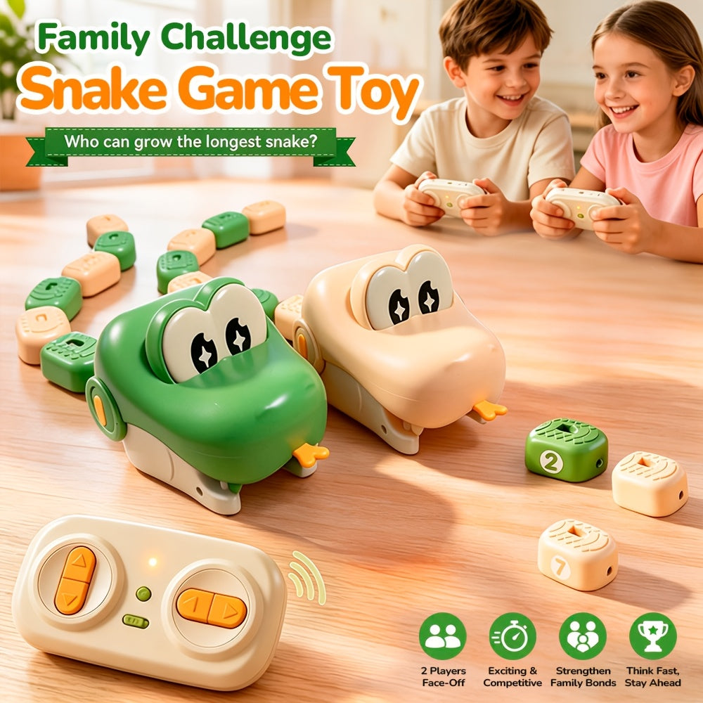 RC Snake Battle Game two children competing with green and beige snakes and magnetic tail pieces on a wooden floor