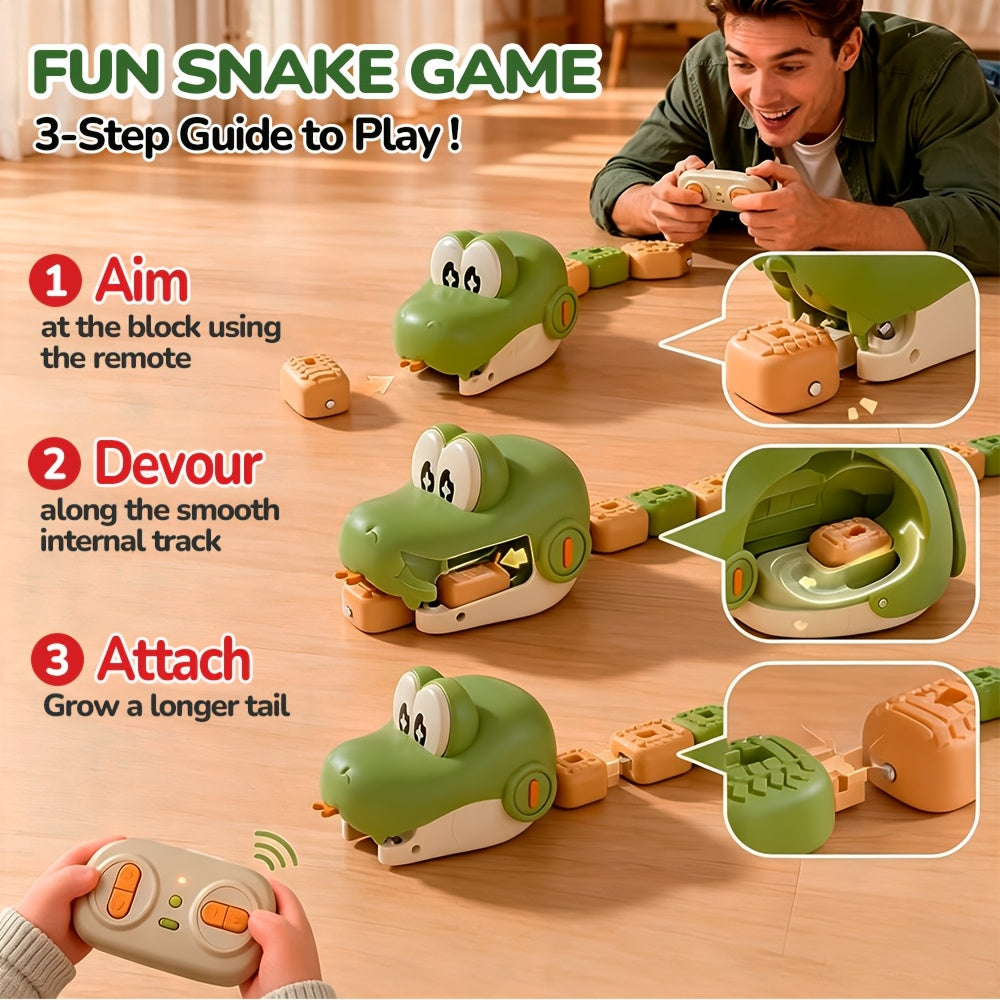 RC Snake Battle Game instruction graphic with close-ups of the intake, internal track and magnetic tail connections