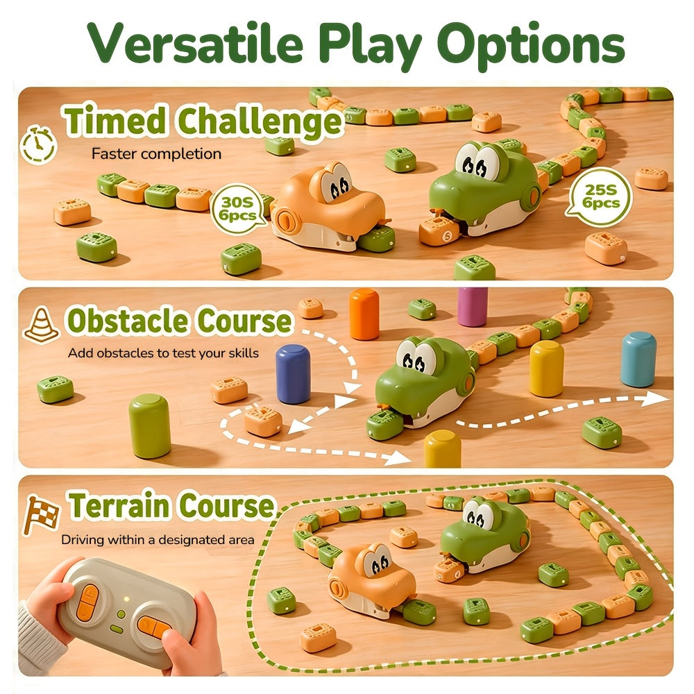 RC Snake Battle Game three illustrated play ideas showing a timed challenge, obstacle course and marked play area