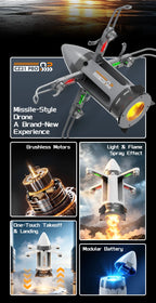 RC rocket feature collage showing brushless motor, LED mist, one-touch flight and modular battery