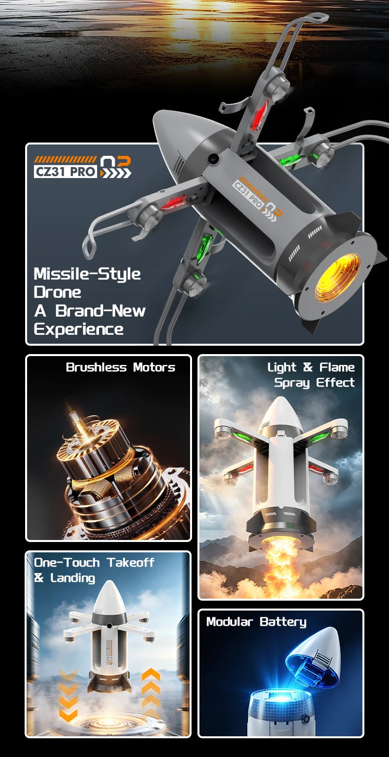 RC rocket feature collage showing brushless motor, LED mist, one-touch flight and modular battery