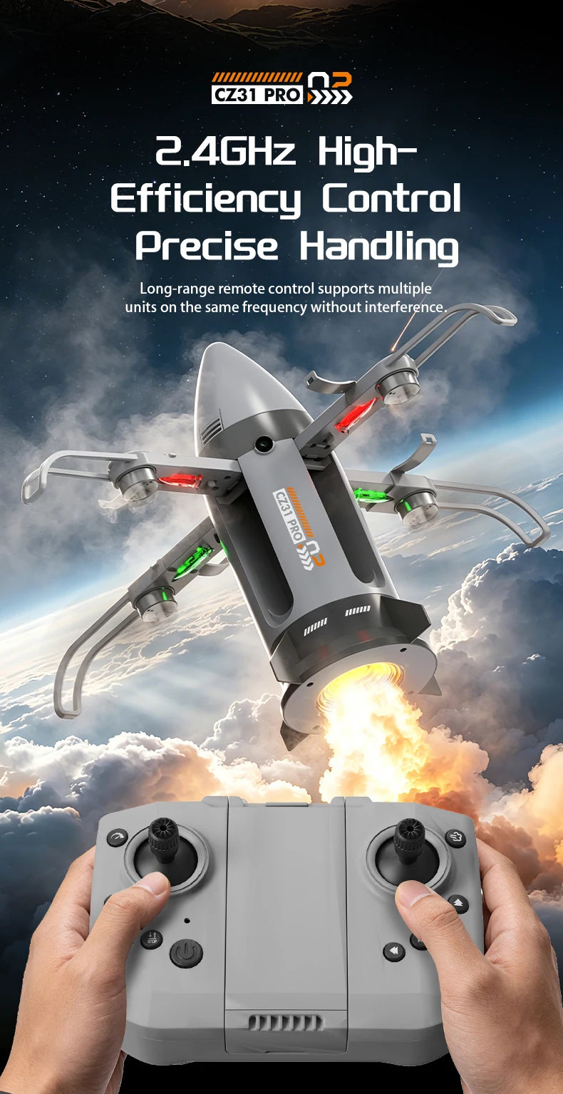 Gray RC spaceship with guards and LEDs above a handheld 2.4 GHz controller
