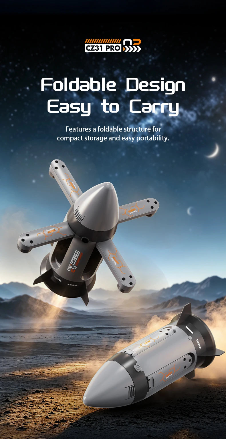 Gray RC spaceship shown with arms unfolded and folded for storage