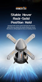 Gray RC spaceship with extended arms in a hovering feature illustration