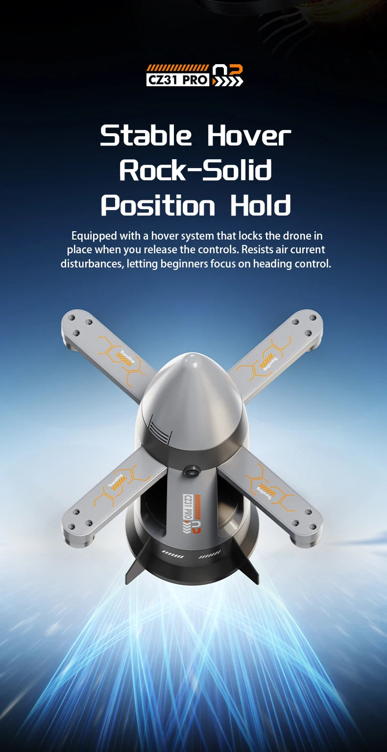Gray RC spaceship with extended arms in a hovering feature illustration