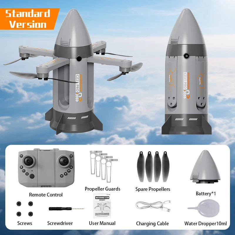 Gray RC Spaceship Rocket Toy with controller, rechargeable battery, propeller guards, spare propellers and accessories