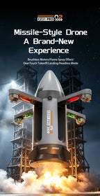 Gray RC spaceship launch illustration with brushless motor, light, mist and headless-mode feature labels