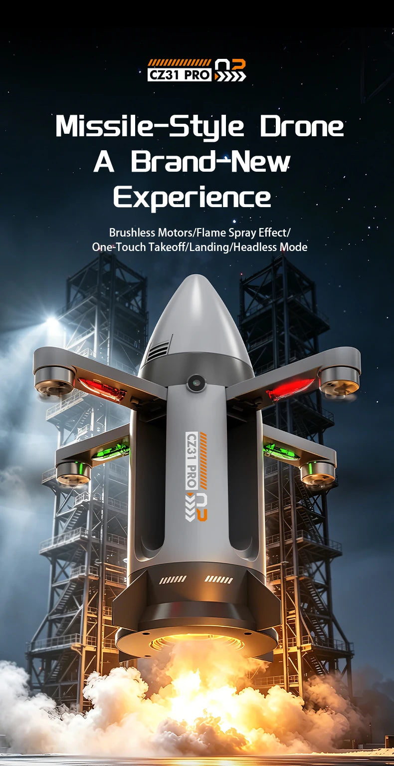Gray RC spaceship launch illustration with brushless motor, light, mist and headless-mode feature labels