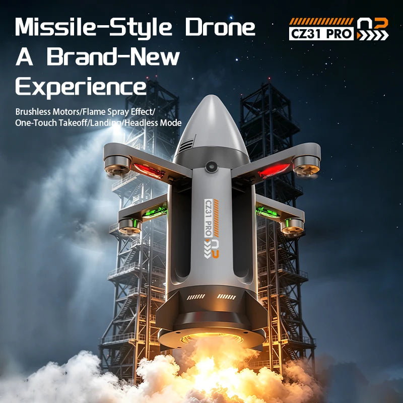 Gray RC spaceship with extended arms and red and green LEDs in a launchpad illustration