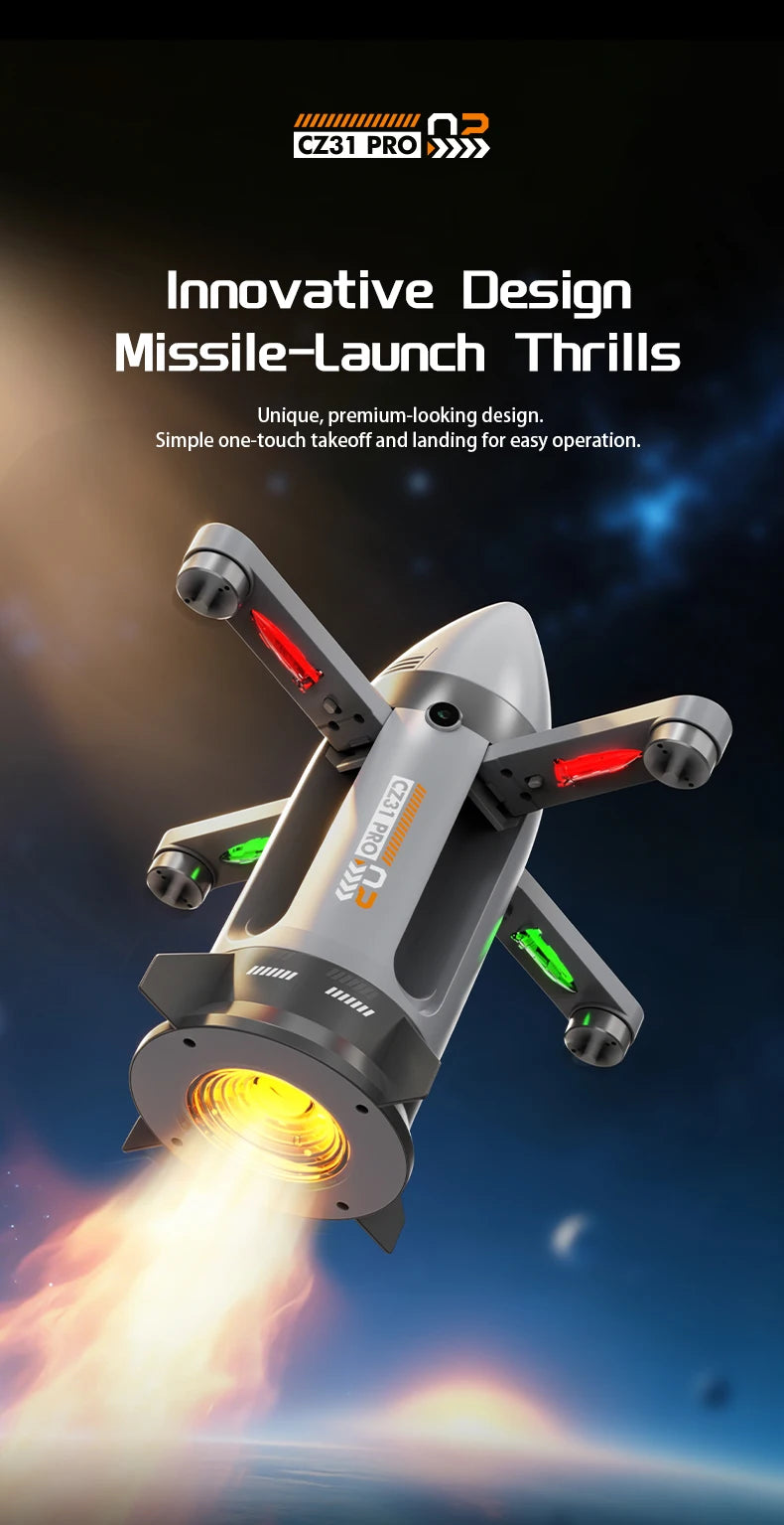 Gray RC spaceship underside with lighted arms in a one-touch flight illustration