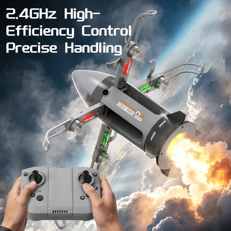 Gray RC spaceship with propeller guards above hands holding its remote controller