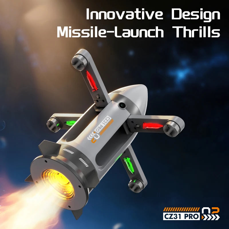 Gray RC rocket underside with illuminated arms and orange launch-effect illustration