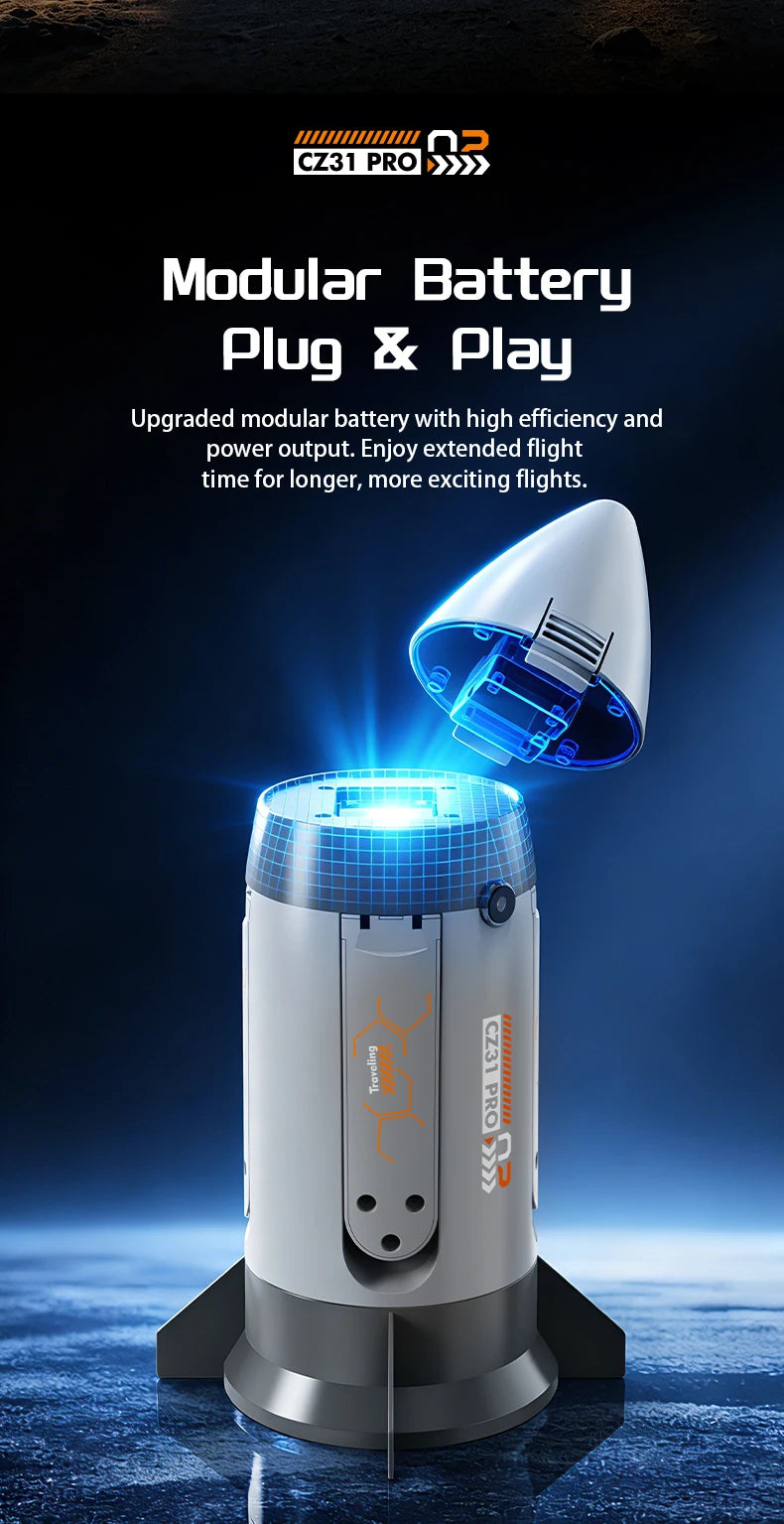RC spaceship nose section lifted in an illustration of the modular flight battery