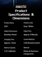 Supplier specification panel for the CZ31 RC rocket showing battery, material, flight and charging details