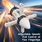 White RC spaceship with extended arms in an adjustable-speed flight illustration