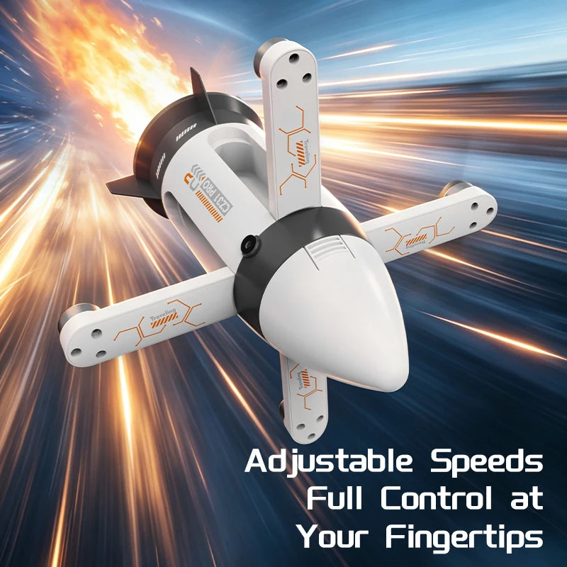 White RC spaceship with extended arms in an adjustable-speed flight illustration