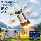 White RC spaceship above a lake scene with handheld controller and flight feature labels