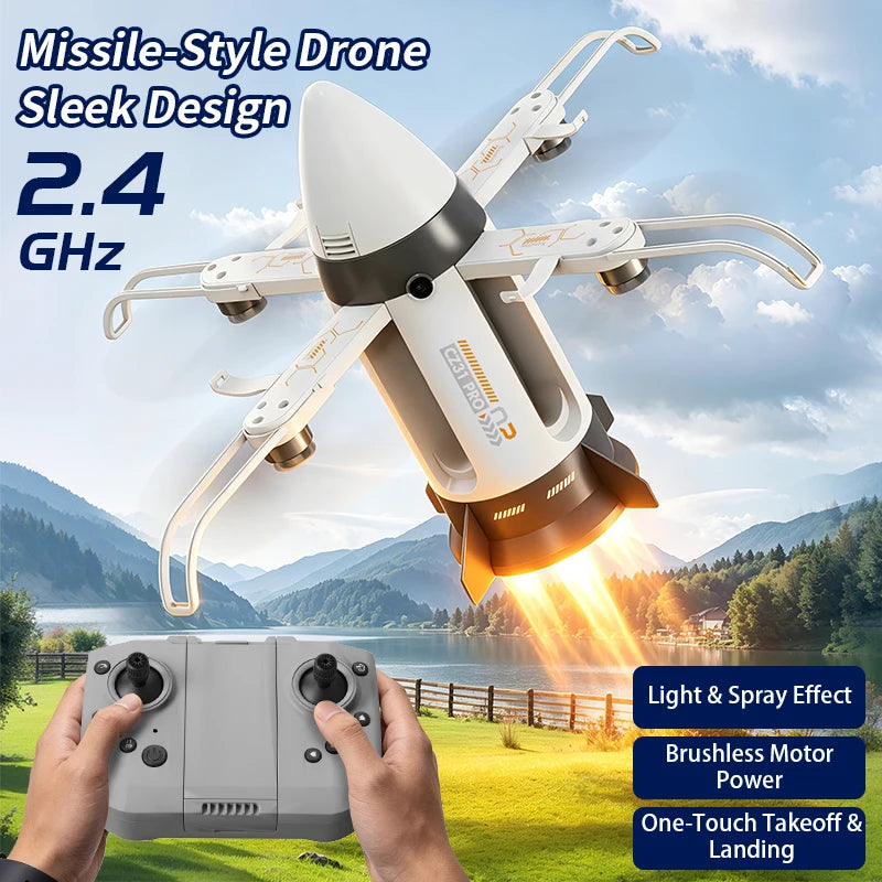 White RC spaceship above a lake scene with handheld controller and flight feature labels