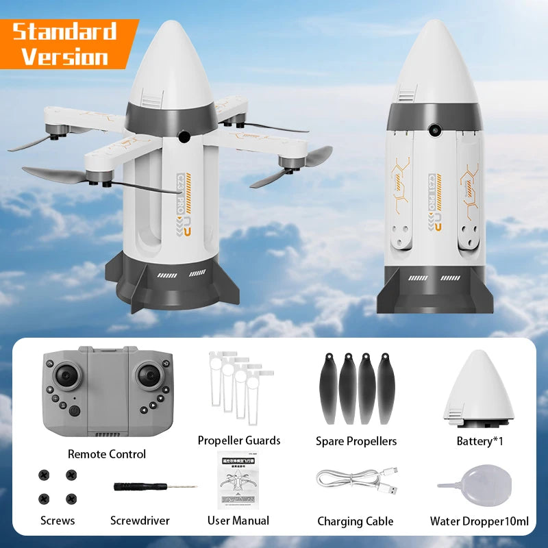 White RC Spaceship Rocket Toy with controller, rechargeable battery, propeller guards, spare propellers and accessories