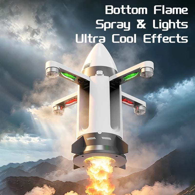 White RC rocket with red and green arm lights and illustrated glowing mist effect