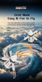 Two views of a white RC spaceship with circular arrows illustrating orbit mode