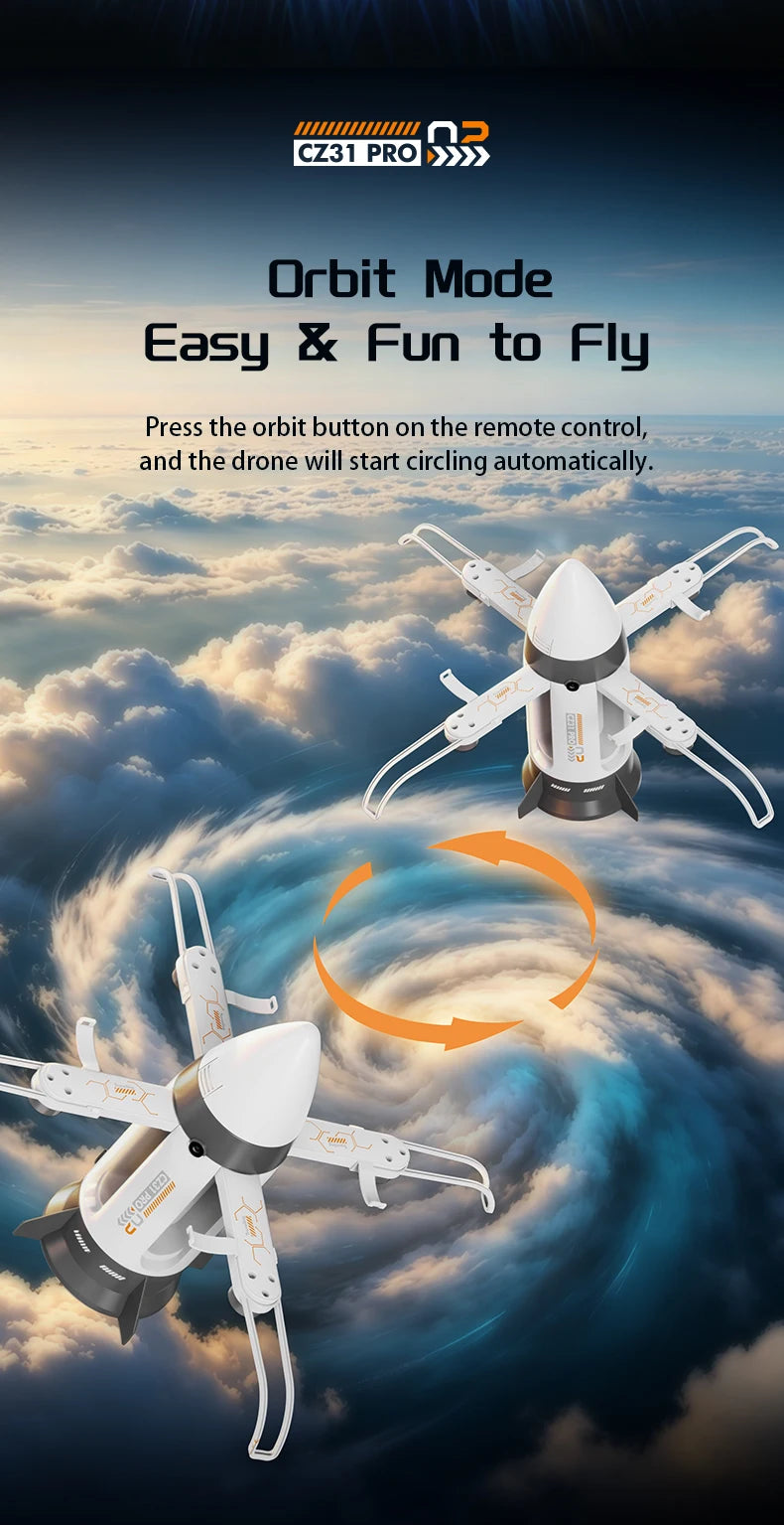 Two views of a white RC spaceship with circular arrows illustrating orbit mode