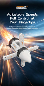 White RC spaceship with unfolded arms and an adjustable-speed feature heading
