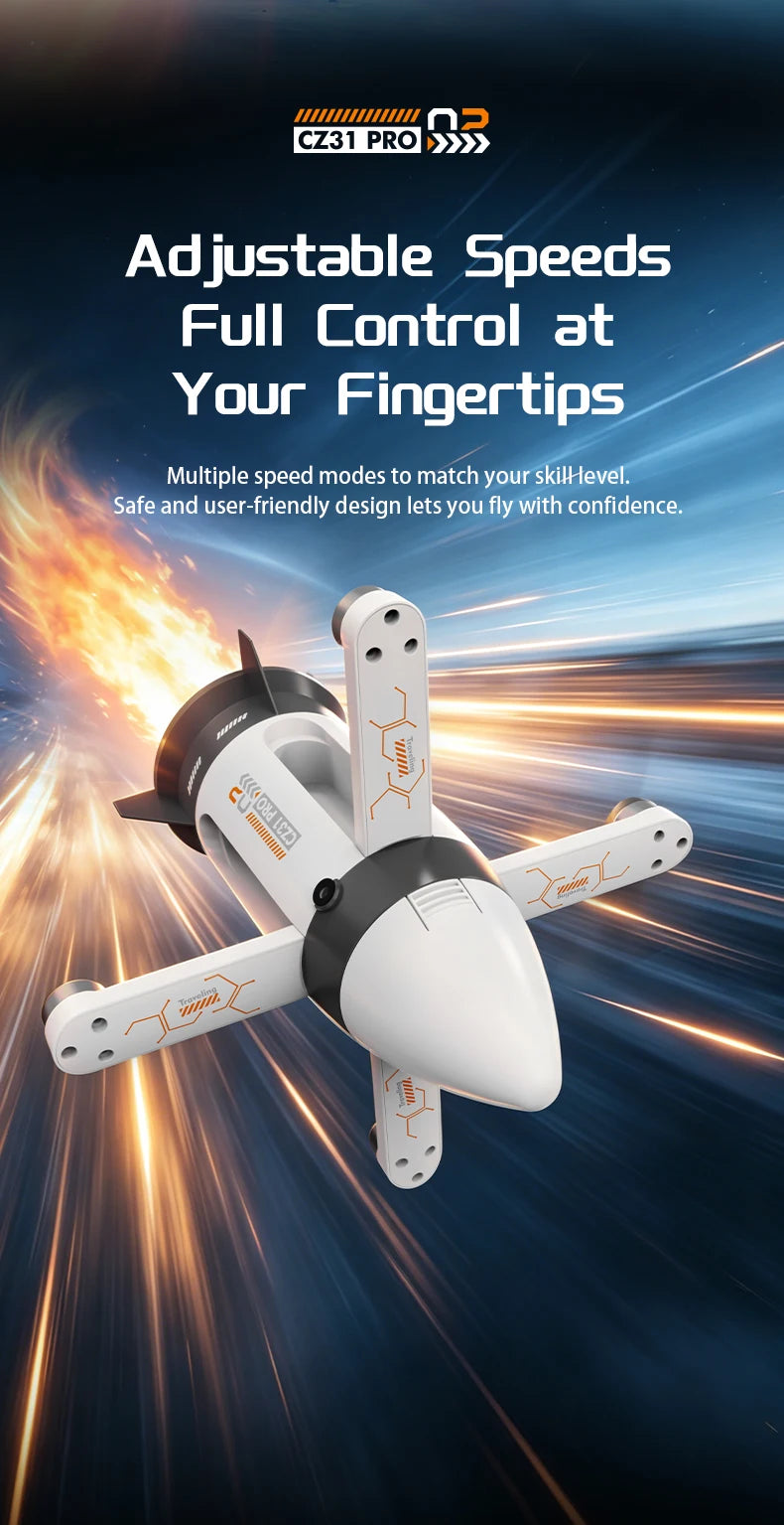 White RC spaceship with unfolded arms and an adjustable-speed feature heading