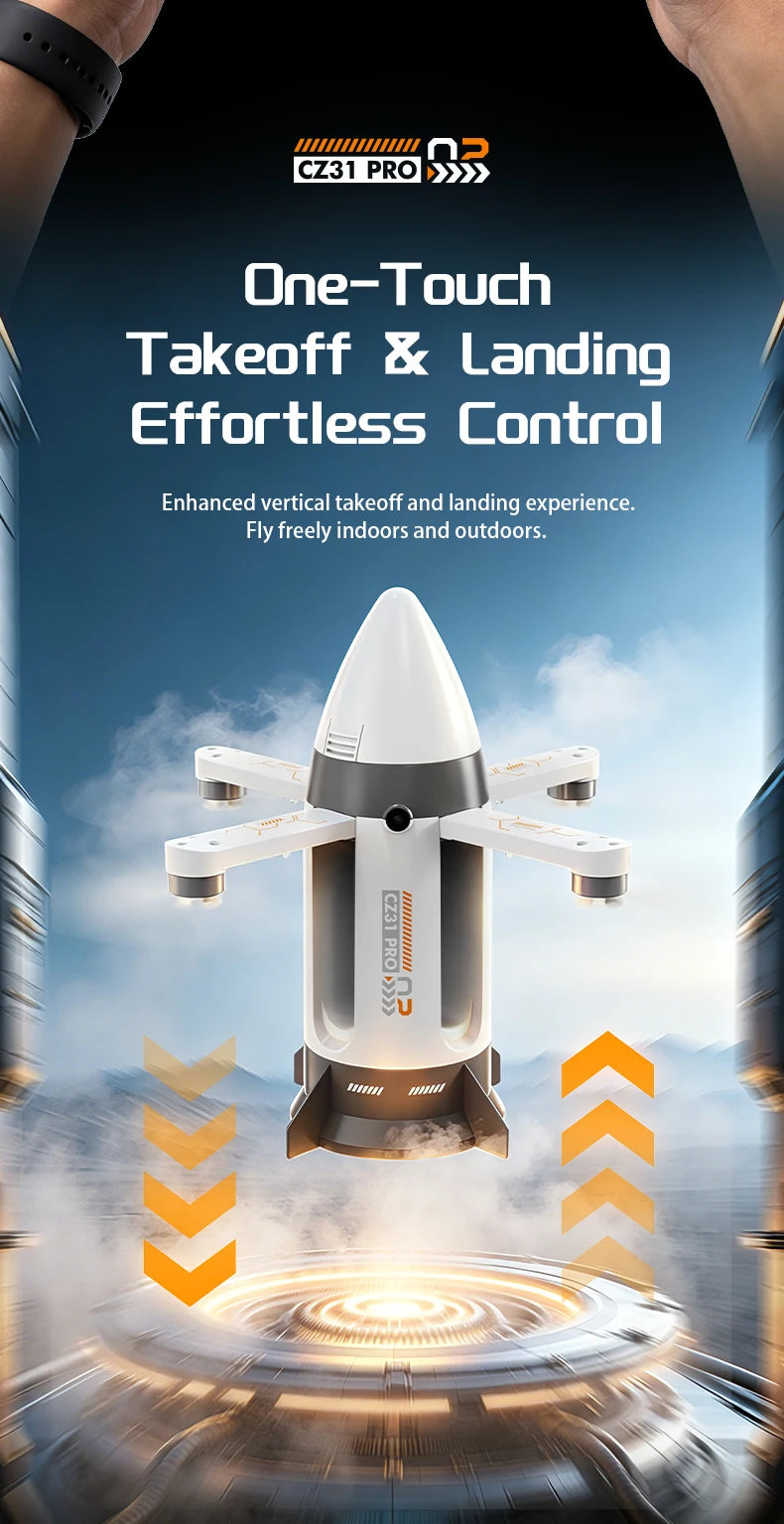 White RC spaceship with extended arms and arrows illustrating one-touch takeoff and landing
