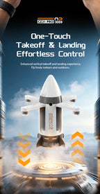 White RC spaceship with extended arms and arrows illustrating one-touch takeoff and landing