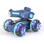 RC Water Cannon Robot in blue with turquoise trim, raised cannon and four oversized spiral wheels