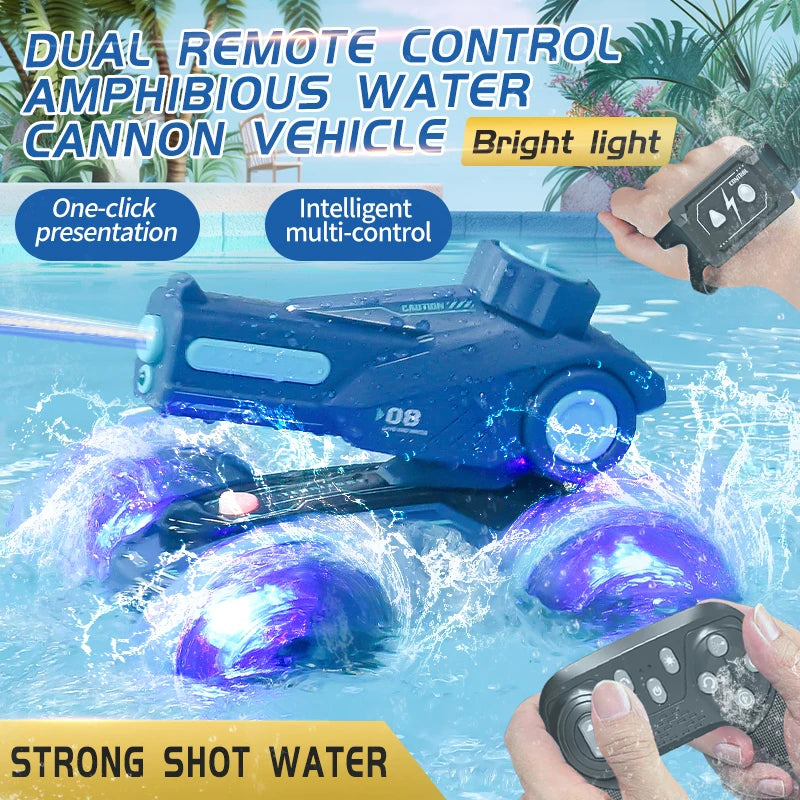 RC Water Cannon Robot blue vehicle spraying in a pool with handheld and wrist controller illustrations