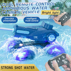 RC Water Cannon Robot blue vehicle spraying in a pool with handheld and wrist controller illustrations