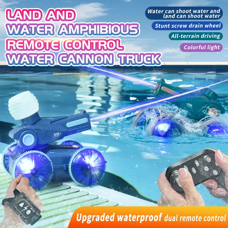 RC Water Cannon Robot supplier card showing blue and green vehicles spraying on land and in a pool